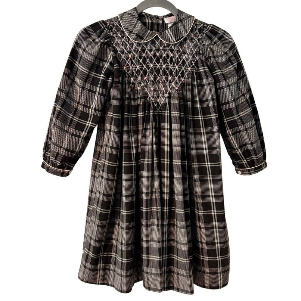 Vintage Sophie Dess Creations Paris Girls 6X houndstooth plaid smocked heirloom